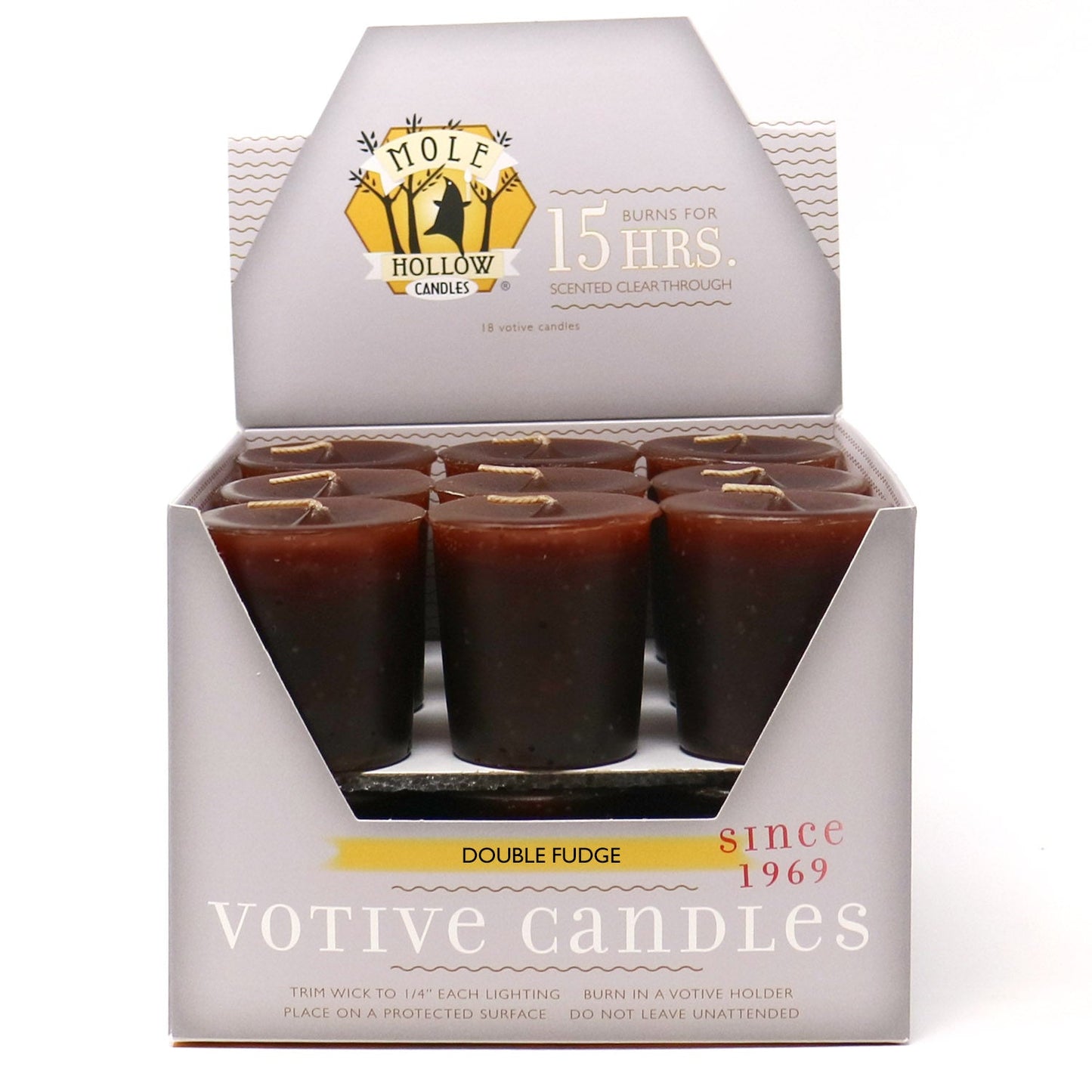 Mole Hollow Candles, Double Fudge Scented Votive Candles, 18 Votives Box