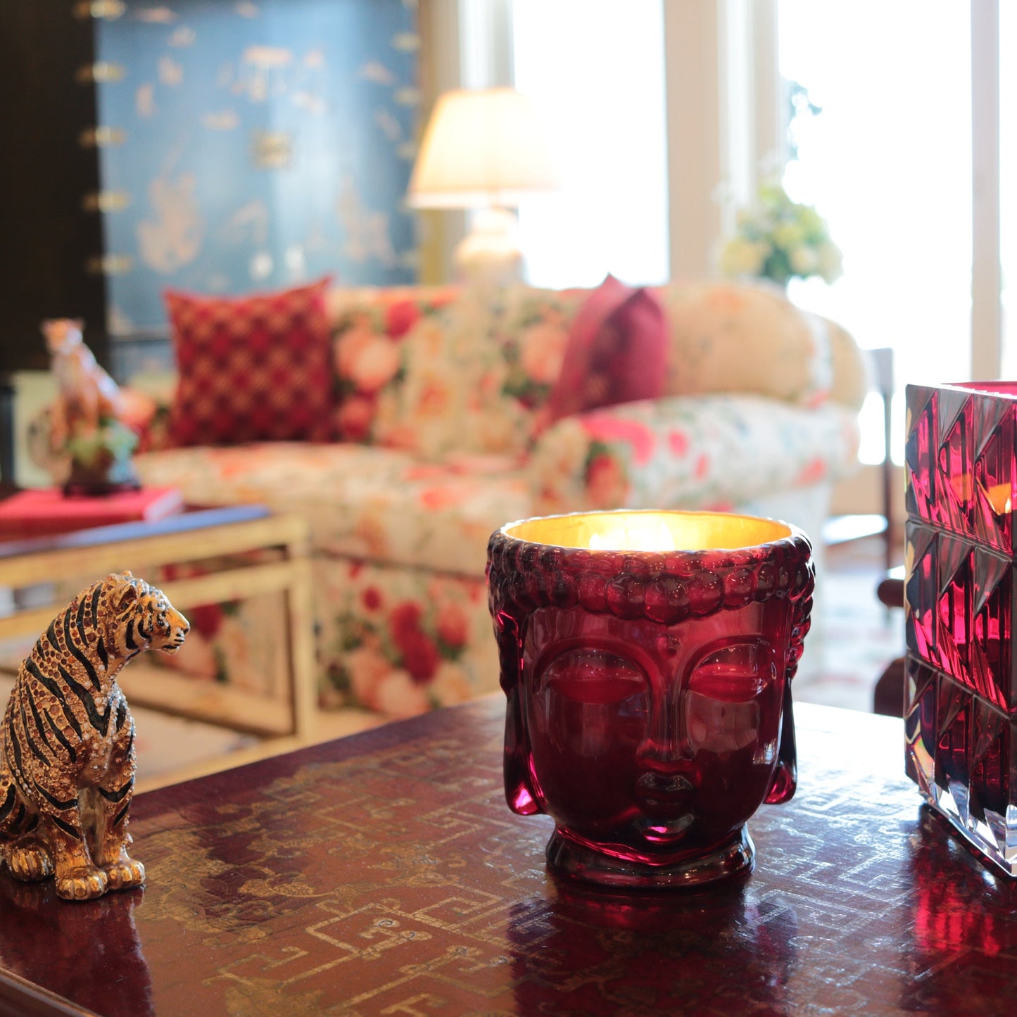Elizabeth II Ruby Red Glass Buddha, 24K Gold, 3 Wick Scented Candle, 40 oz