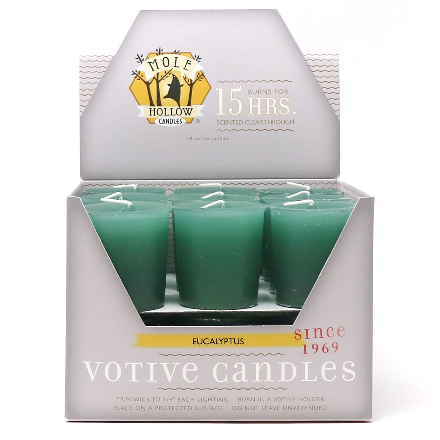 Mole Hollow Candles, Eucalyptus Scented Votive Candles, 18 Votives Box