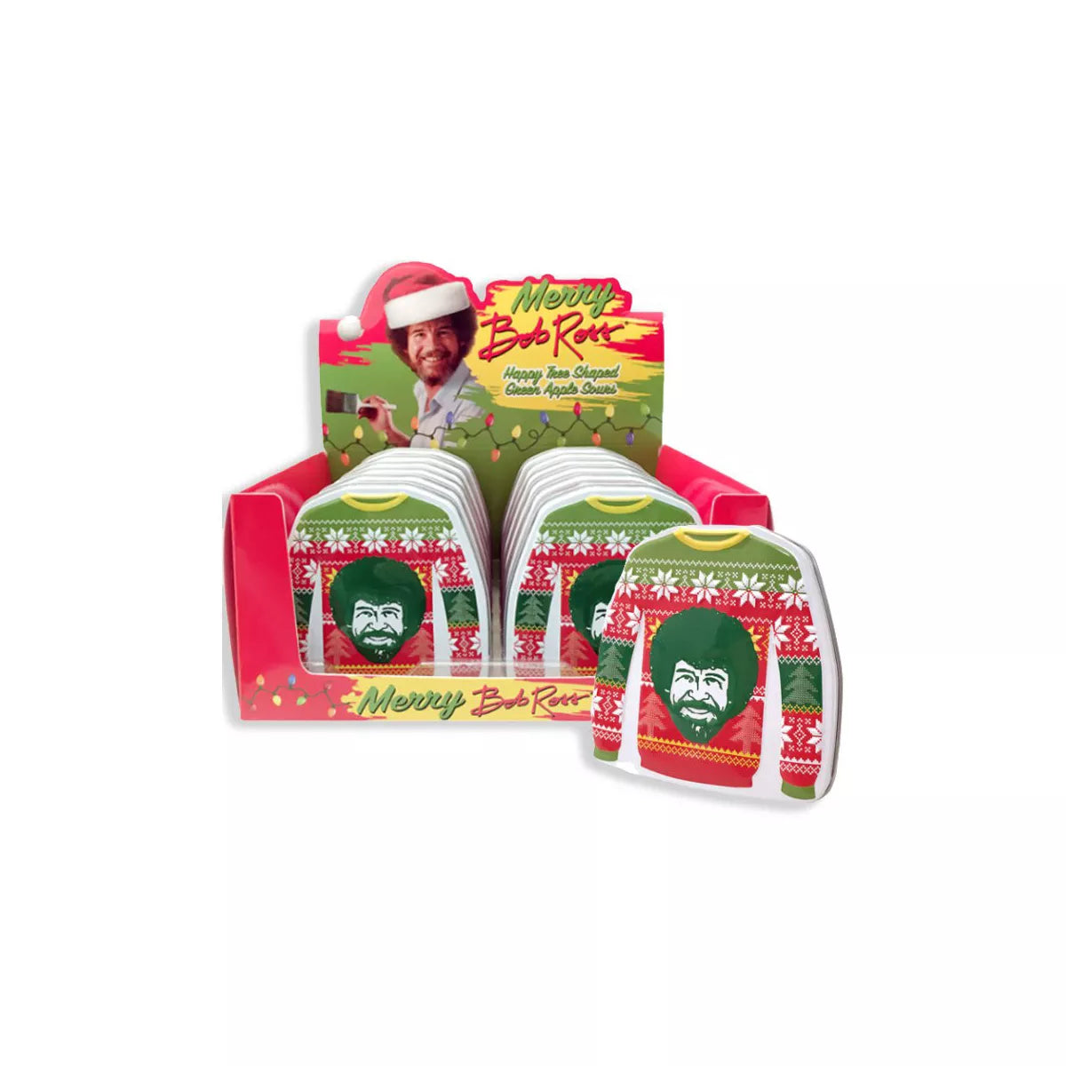 Merry Bob Ross Sweater Shaped Green Apple Sours Candy, 1.5 Ounce Tin - 12 Count Display Box