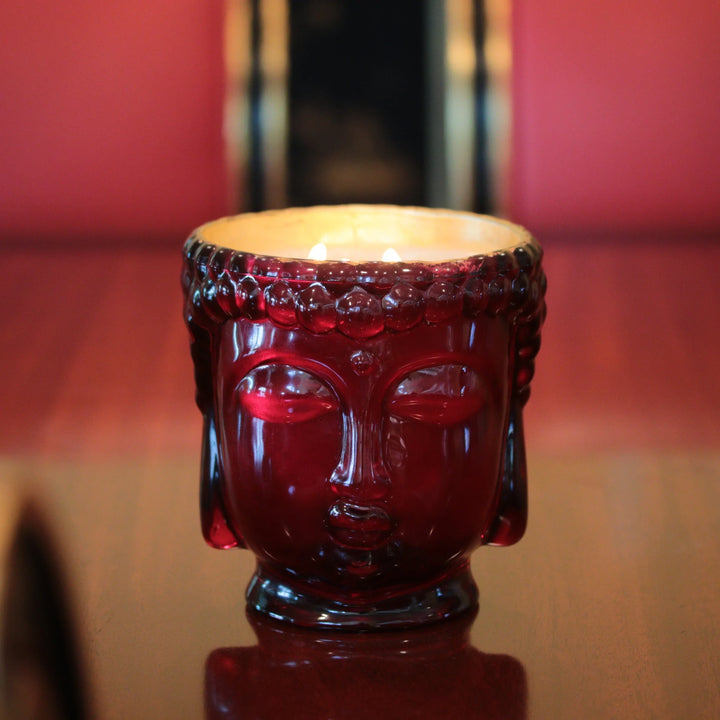 Elizabeth II Ruby Red Glass Buddha, 24K Gold, 3 Wick Scented Candle, 40 oz