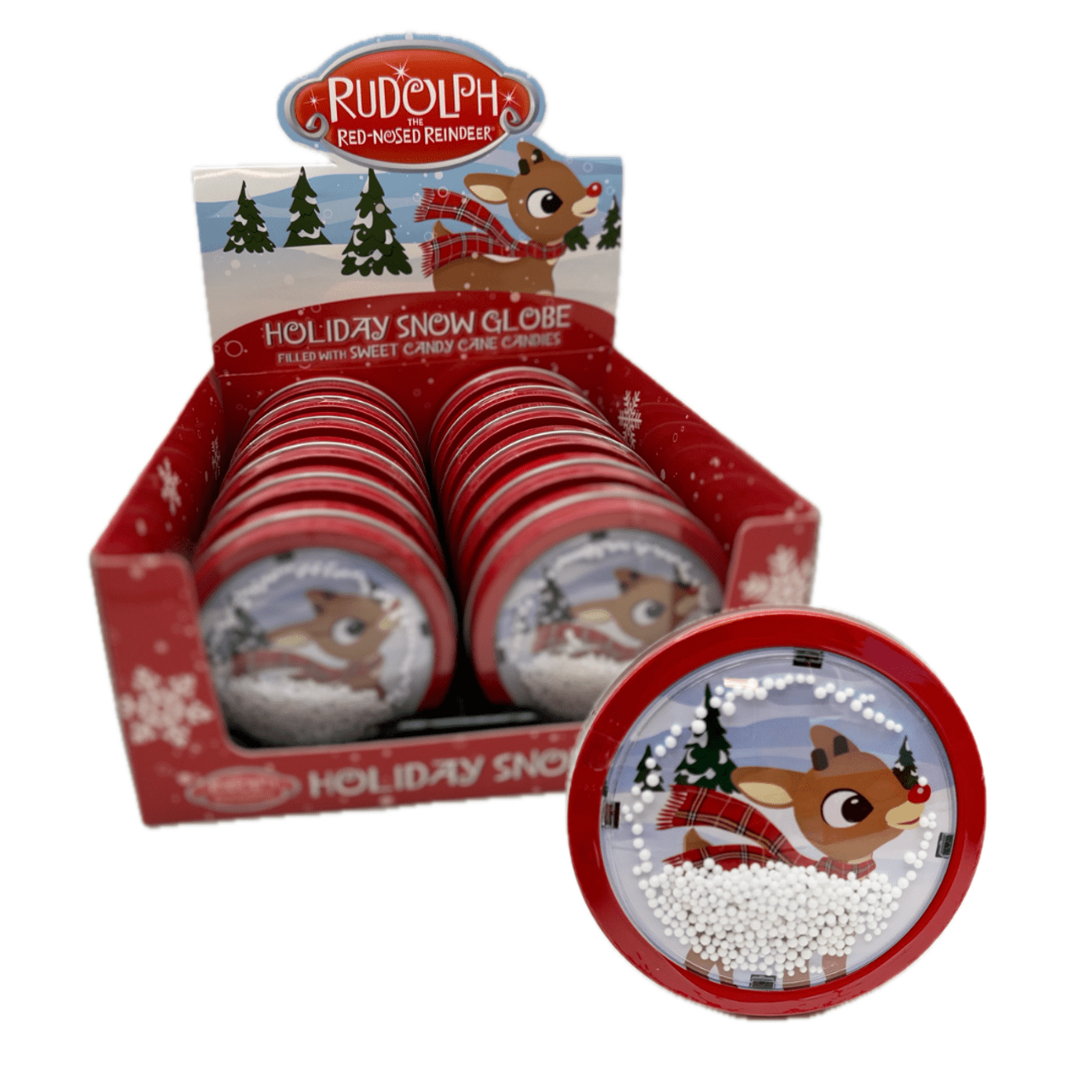 Rudolph the Red Nose Reindeer Holiday Snow Globe w/Candy Cane Candy, 1.5 Ounce Tin - 12 Count Display Box