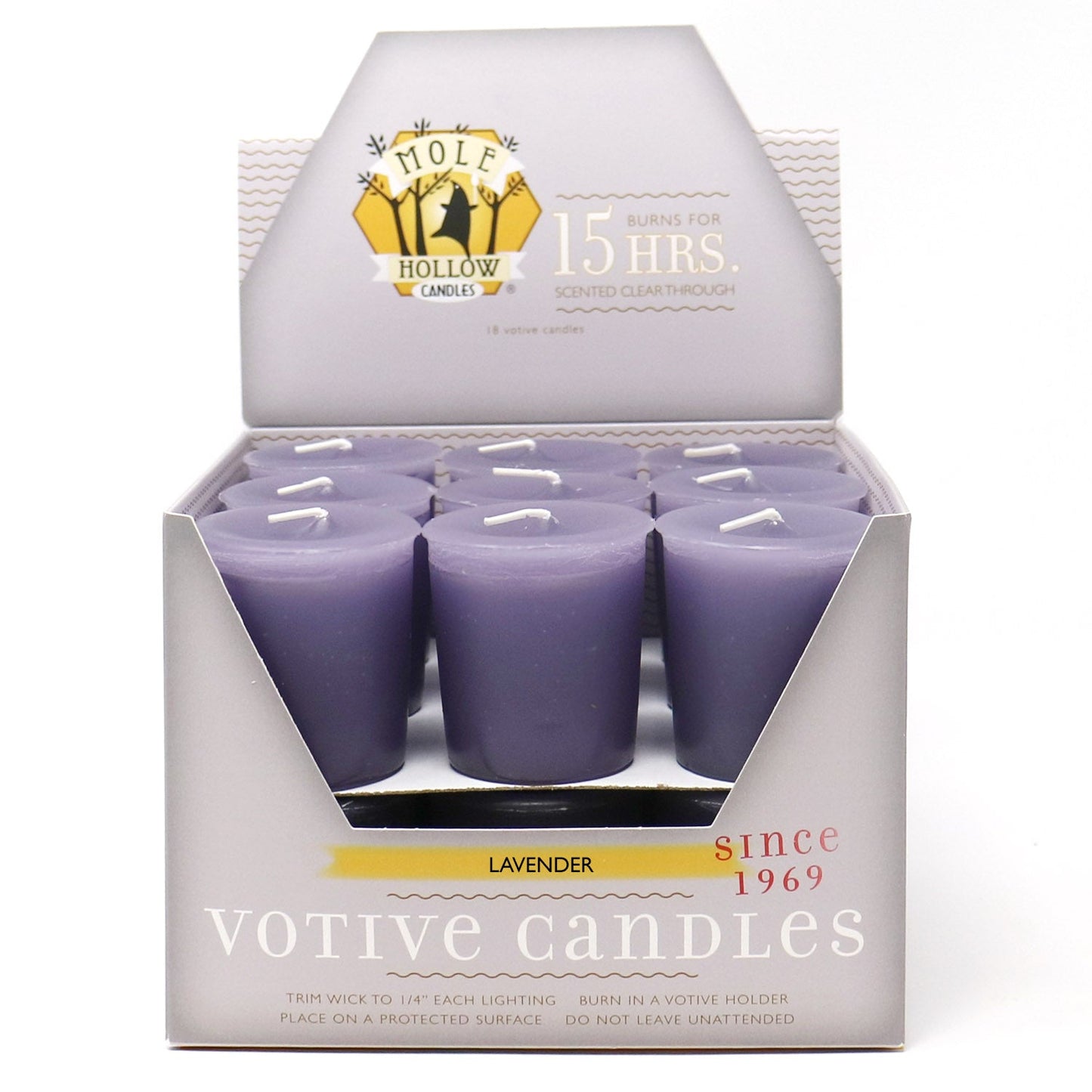 Mole Hollow Candles, Lavender Scented Votive Candles, 18 Votives Box