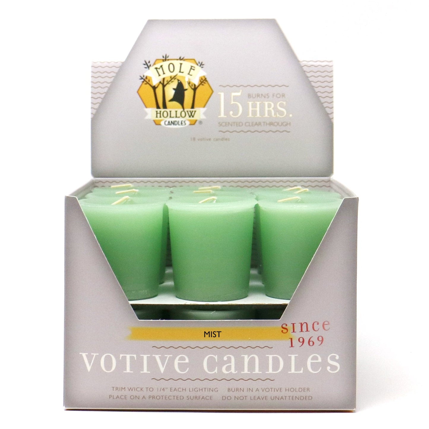 Mole Hollow Candles, Mist Scented Votive Candles, 18 Votives Box