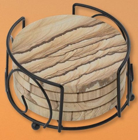 Picture Sandstone Round Coaster, 4" Diameter, Set of 4 Coasters with Holder