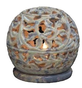Hand Carved Soapstone Terra Lights, 3" Ball Tea Light Holder, Carved Ivy