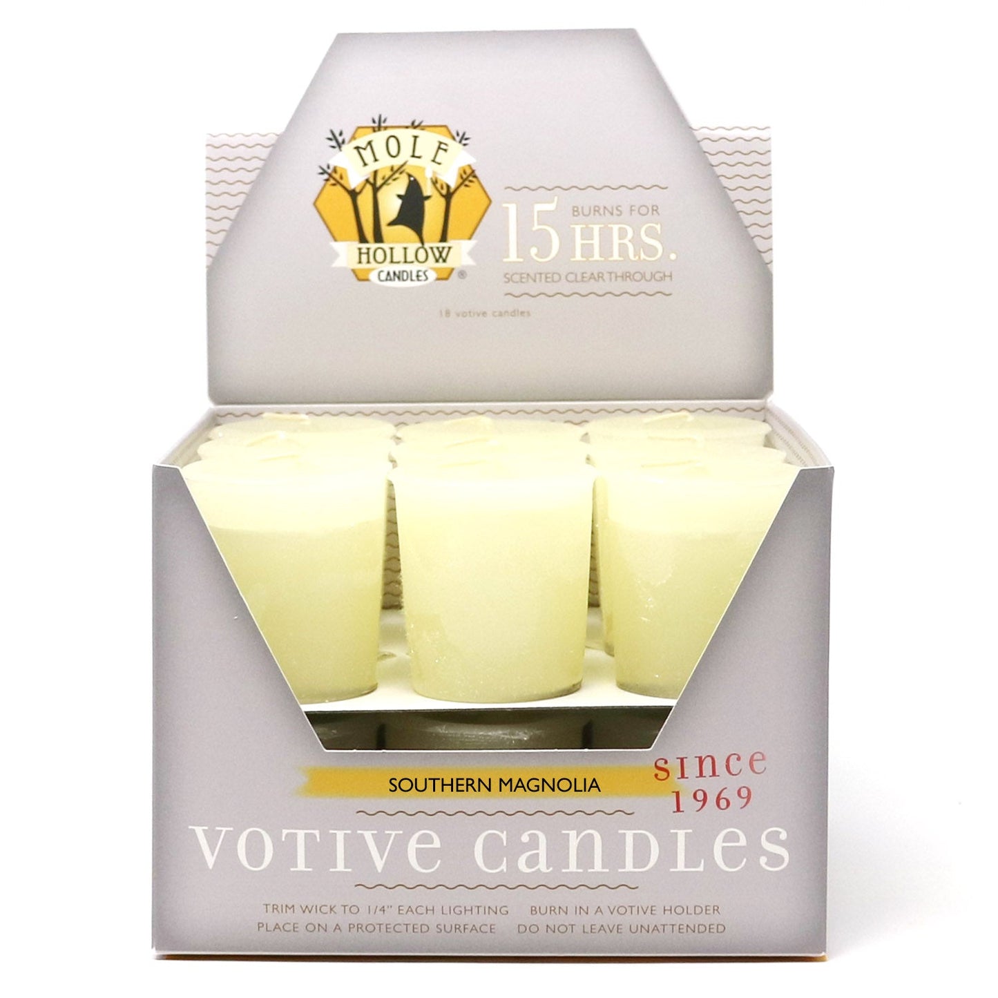 Mole Hollow Candles, Southern Magnolia Scented Votive Candles, 18 Votives Box