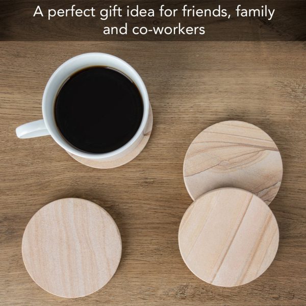 Picture Sandstone Round Coaster, 4" Diameter, Set of 4 Coasters with Holder