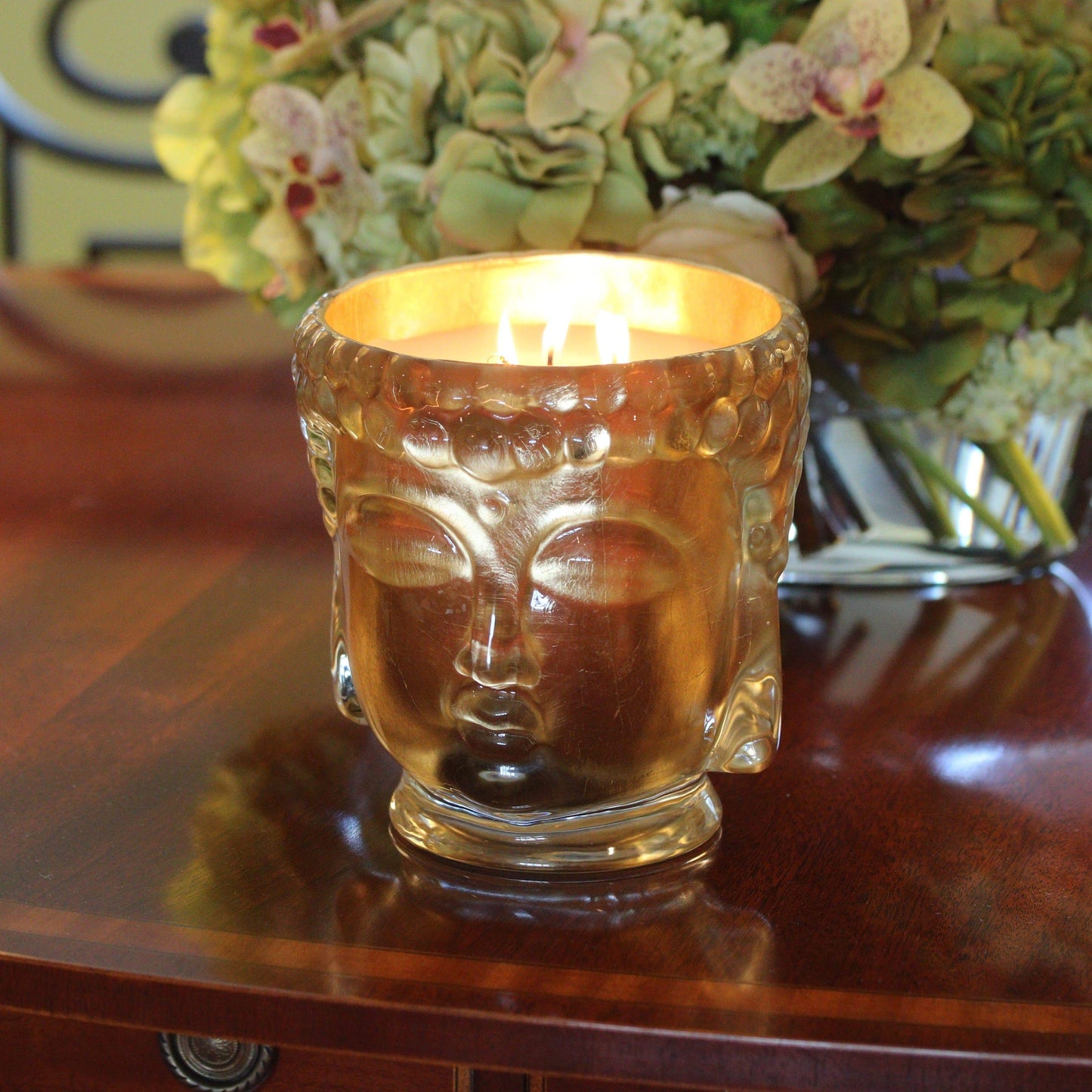 Croesus Clear Glass Buddha, 24K Gold, 3 Wick Scented Candle, 40 oz