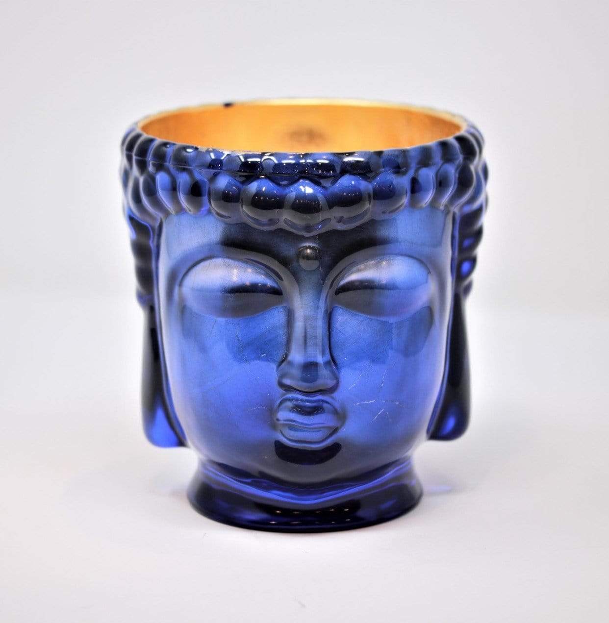 Caesonia Sapphire Blue Glass Buddha, 24K Gold, 3 Wick Scented Candle, 40 oz