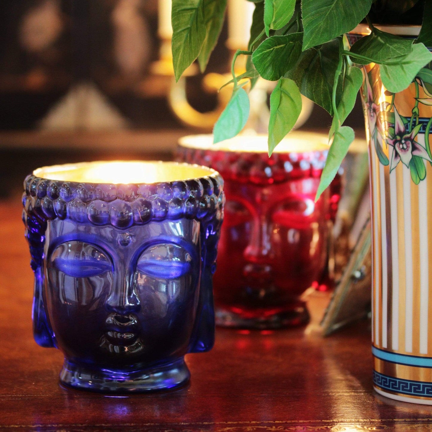 Caesonia Sapphire Blue Glass Buddha, 24K Gold, 3 Wick Scented Candle, 40 oz