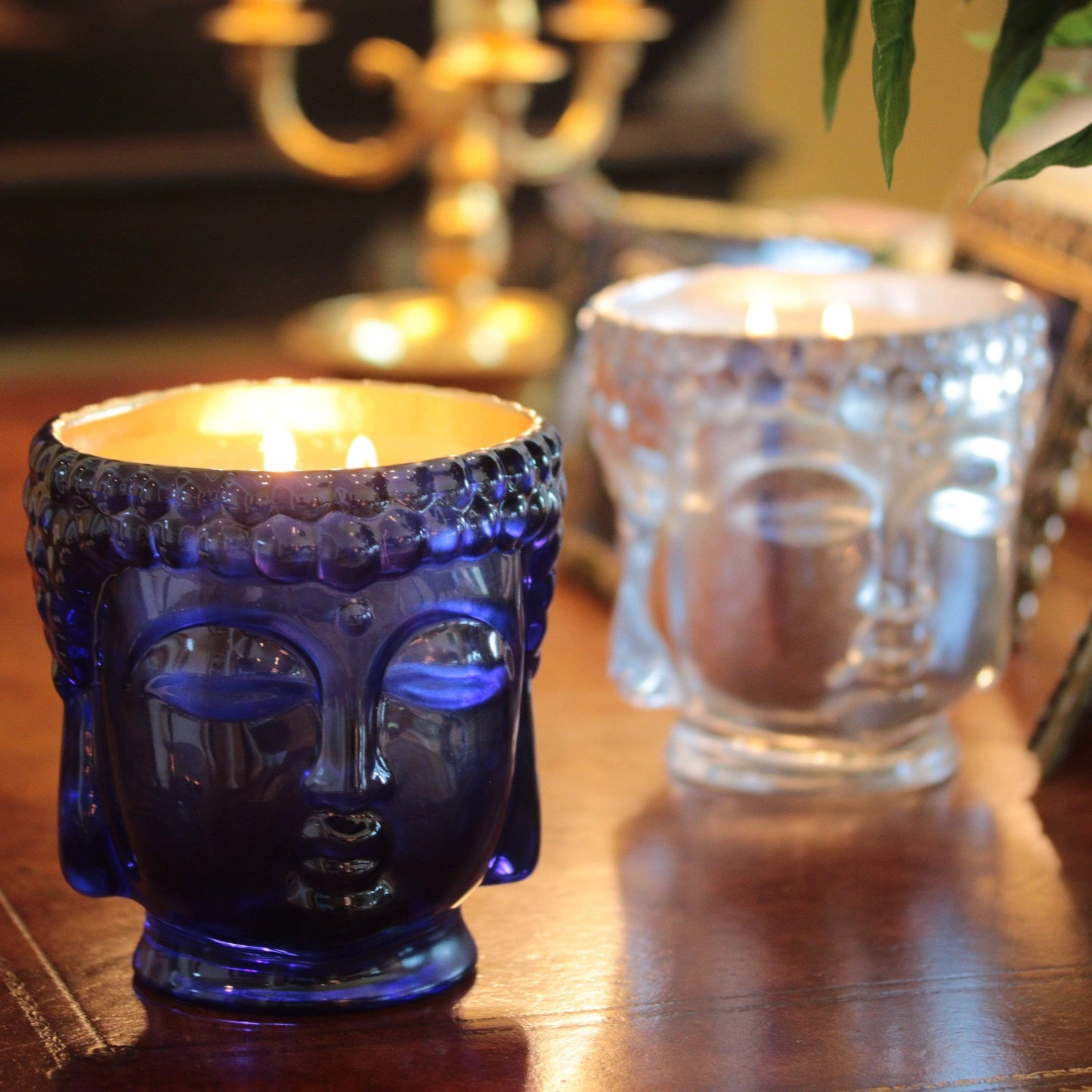 Caesonia Sapphire Blue Glass Buddha, 24K Gold, 3 Wick Scented Candle, 40 oz