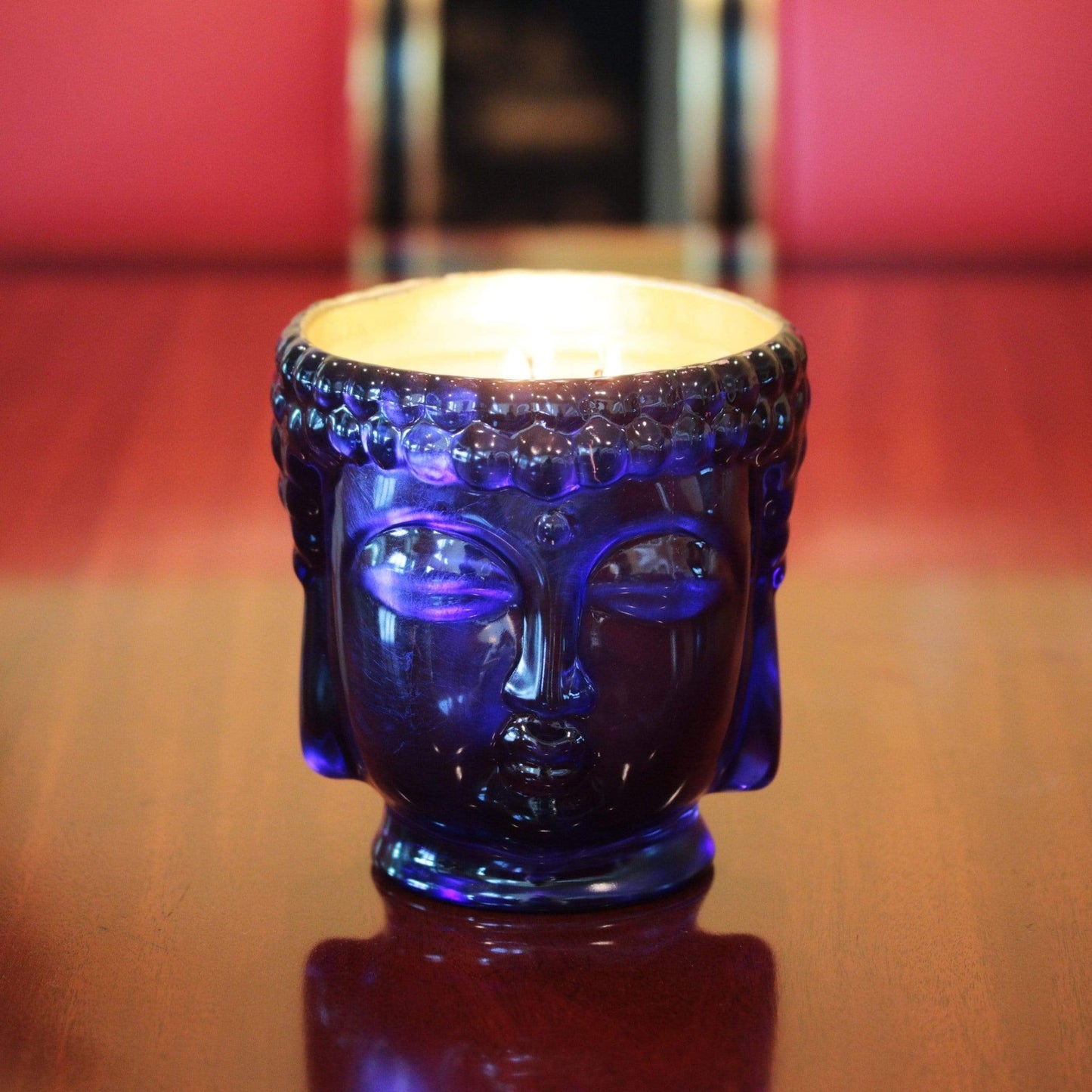 Caesonia Sapphire Blue Glass Buddha, 24K Gold, 3 Wick Scented Candle, 40 oz