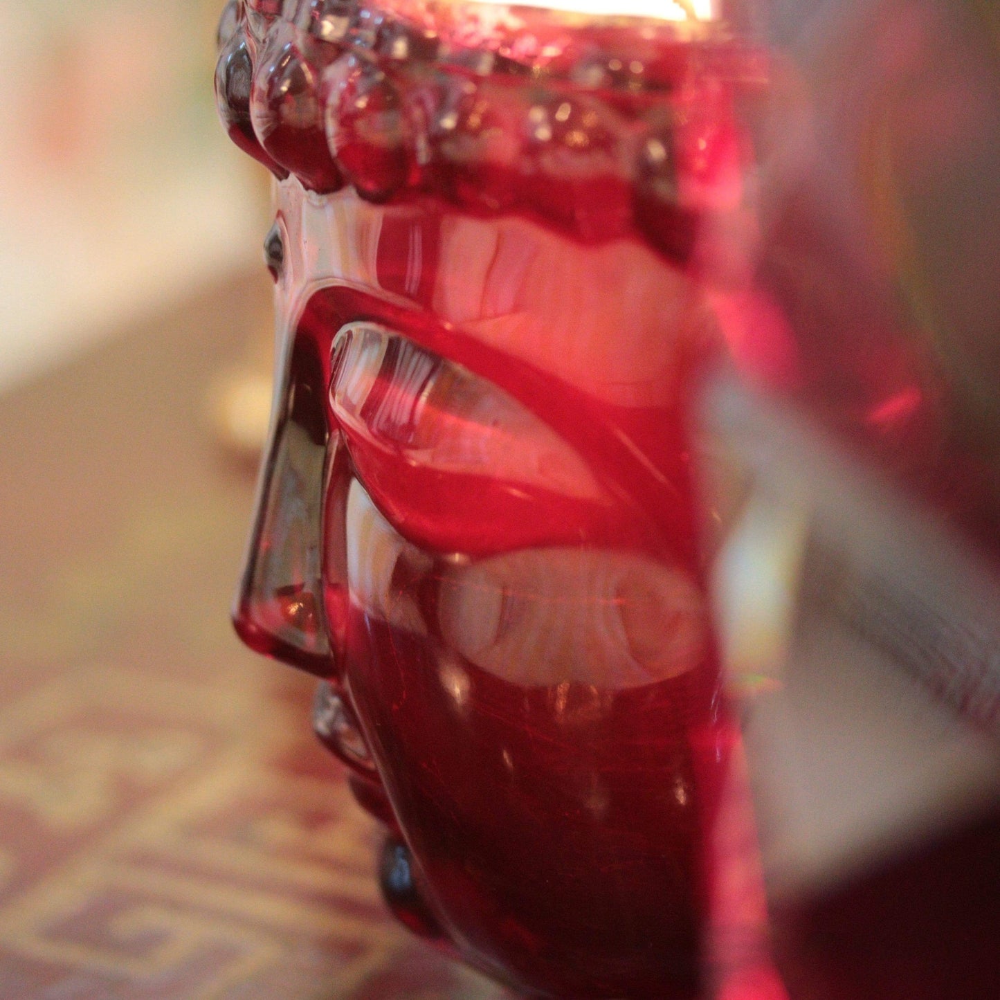 Elizabeth II Ruby Red Glass Buddha, 24K Gold, 3 Wick Scented Candle, 40 oz