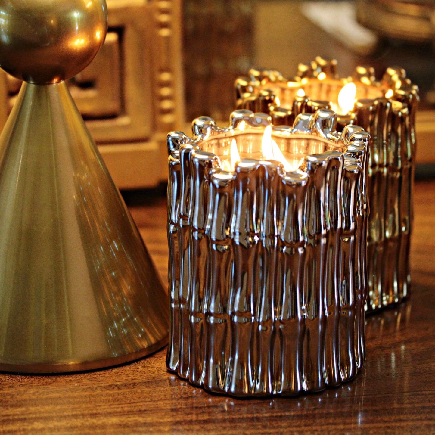 Metallic Silver Sagano Double Wick Candle, Ivory Musk Fragrance, 34 oz