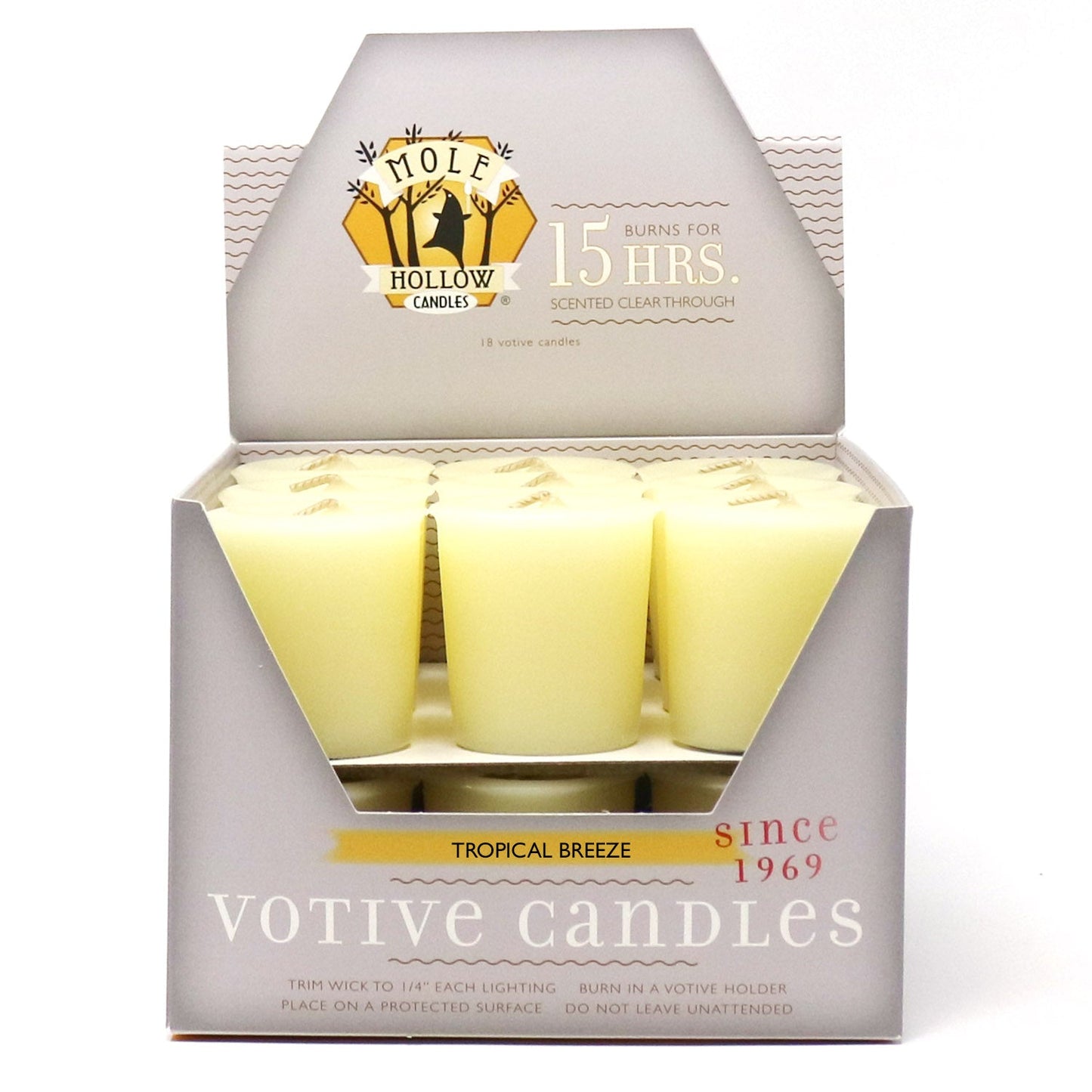 Mole Hollow Candles, Tropical Breeze Scented Votive Candles, 18 Votives Box