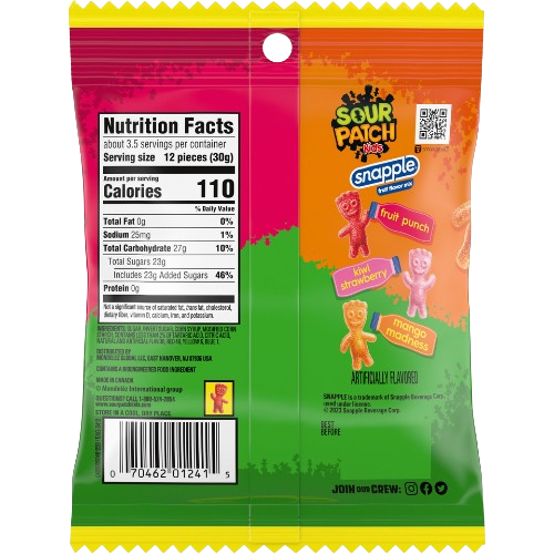 Sour Patch Kids Snapple, Fruit Flavor Mix, 3.61 Ounce Peg Bag
