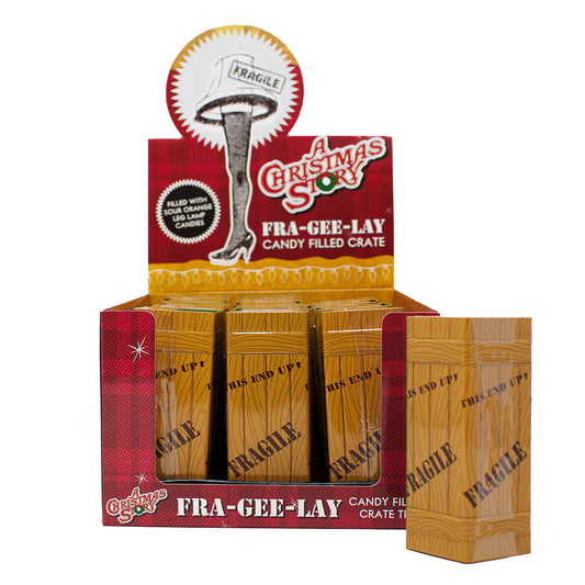A Christmas Story FRA-GEE-LAY Wood Crate, Collectible Slider Tin Shaped filled with Leg Lamp Shaped Candies, 1.5 Ounce Tin - 12 Count Display Box