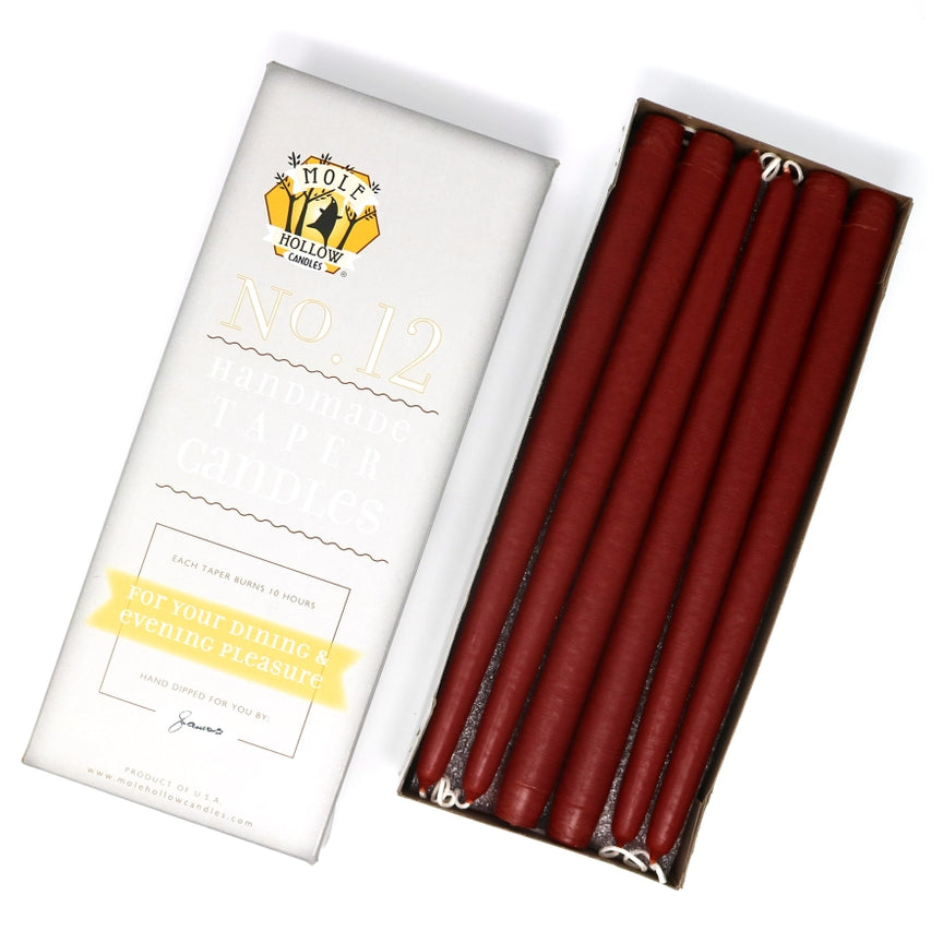 Mole Hollow Candles, 12" Unscented Taper Candle, Set of 12 - Choose from 39 Colors!