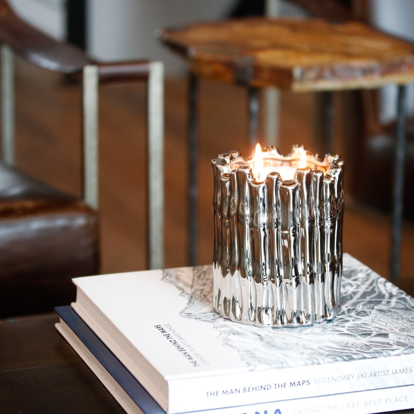 Metallic Silver Sagano Double Wick Candle, Ivory Musk Fragrance, 34 oz