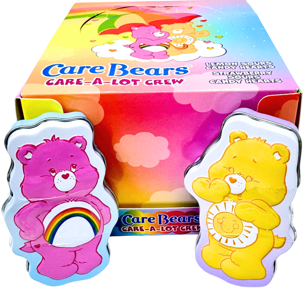 Care Bears Cheer Funshine Tins, 1 Ounce Sour Lemon & Sour Strawberry Candy Hearts - 12 Tins Yellow & Pink Display Box