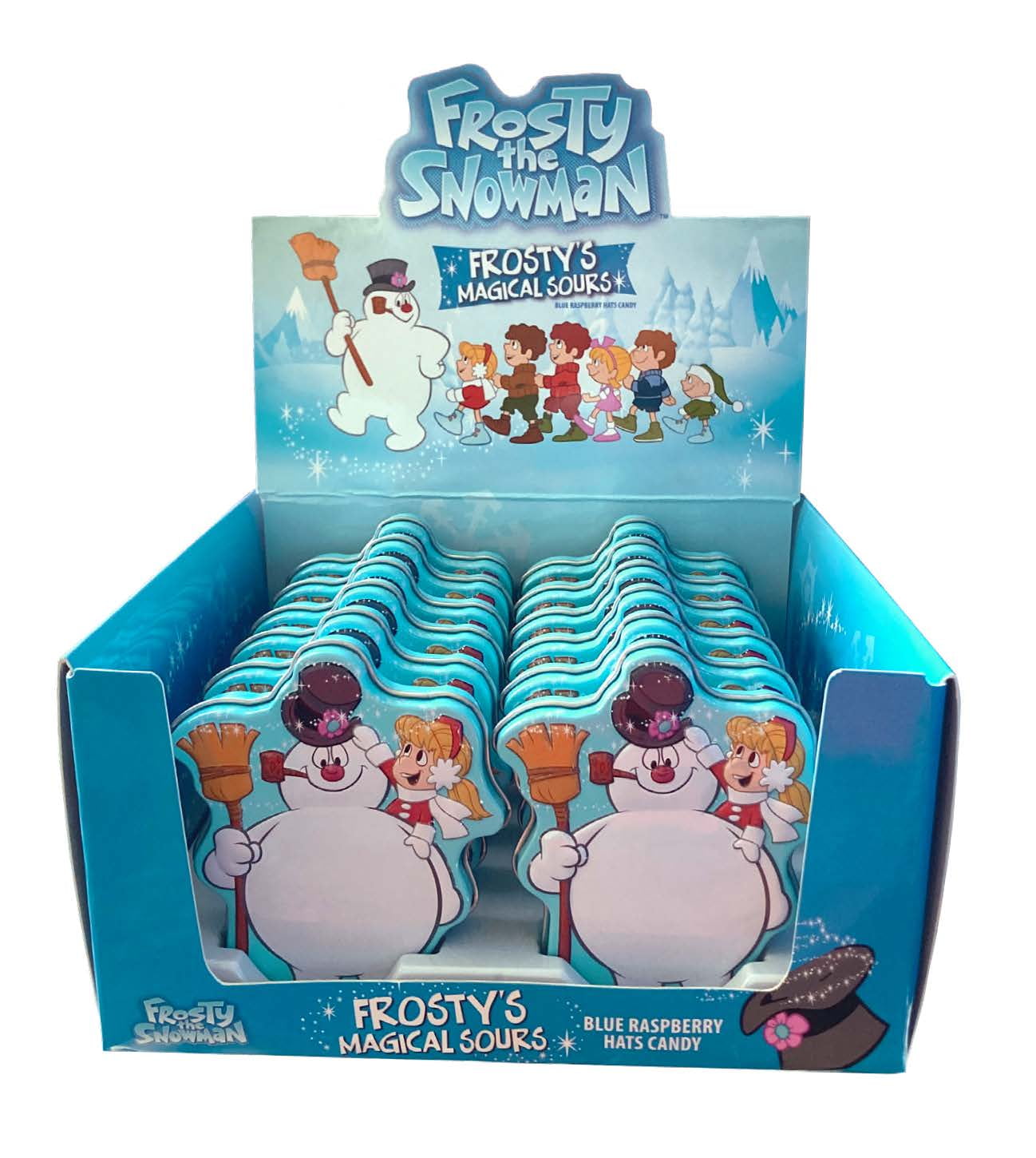 Holiday Christmas Frosty the Snowman, Frosty's Magical Sours, Blue Raspberry Candy Tins - 12 Count Display Box