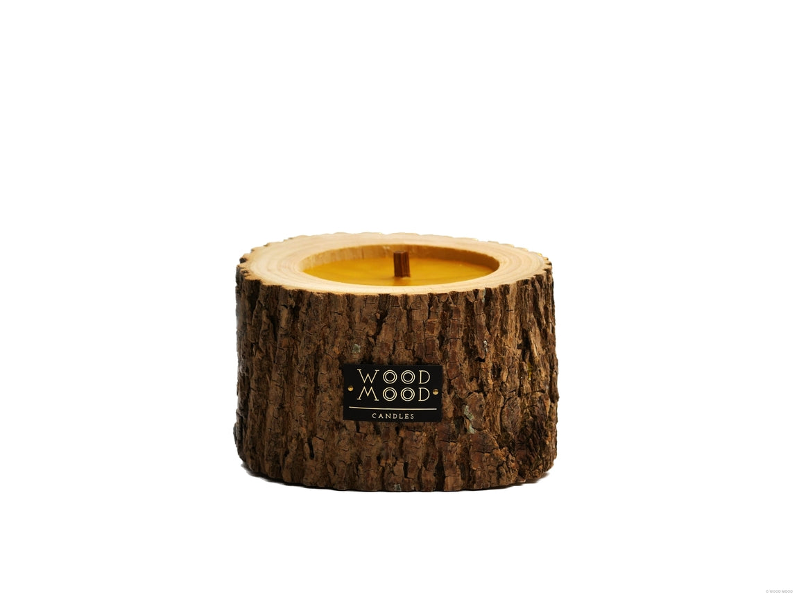 Rocky Coniferous, Patio Size – wide beeswax candle in wood