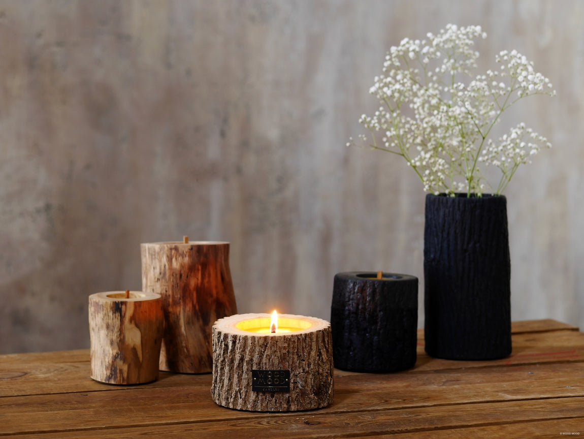 Rocky Coniferous, Patio Size – wide beeswax candle in wood