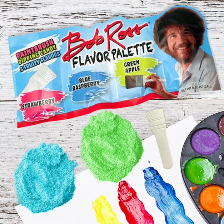 Bob Ross Flavor Palette Paintbrush Dipping Candy, 3 Fruity Flavors Strawberry, Blue Raspberry and Green Apple, 0.85 Ounce Packs - 18 Count Display Box