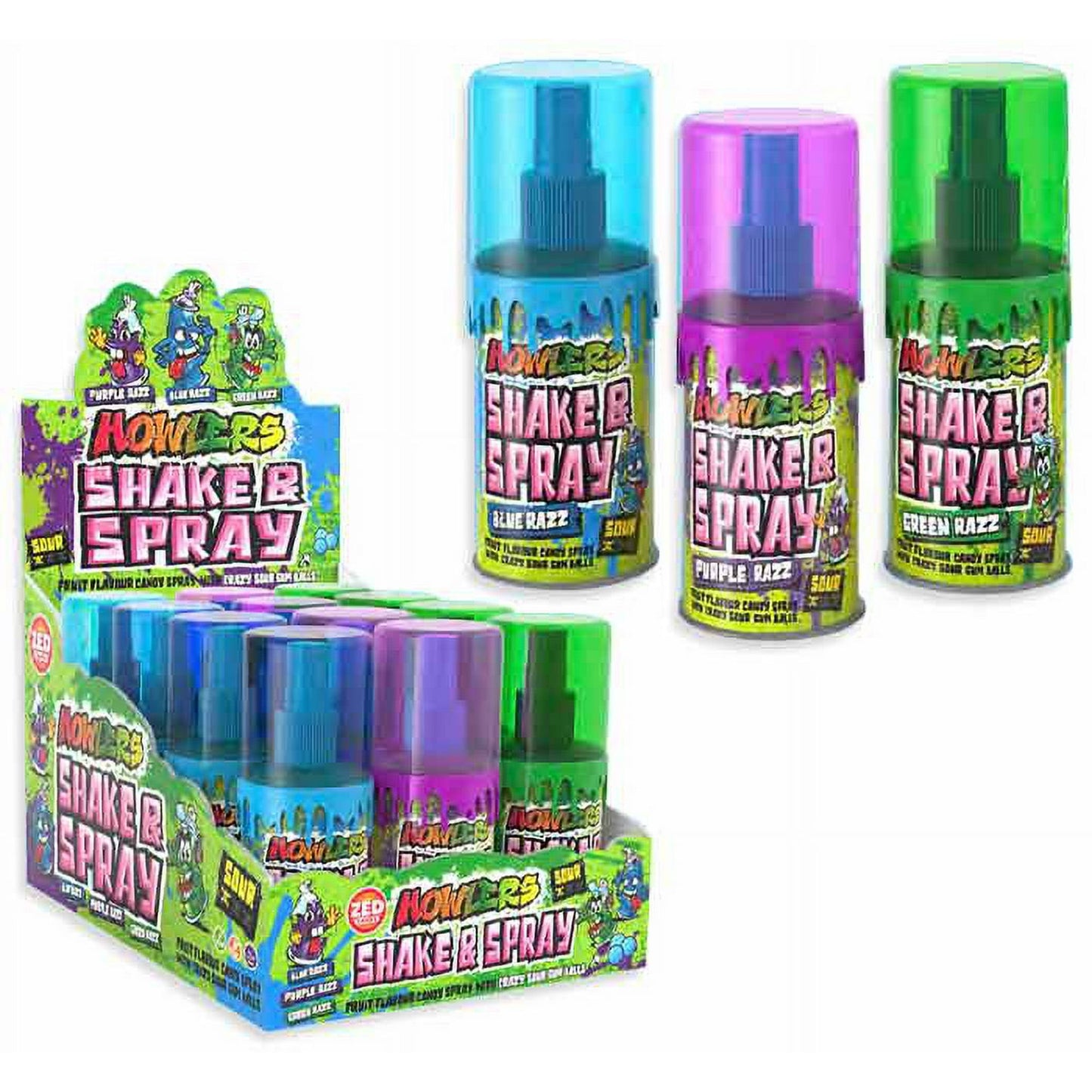 Alberts Howlers Shake and Spray, Sour Spray with Crazy Sour Gumballs 2.03 Ounce - 12 Count Display Box