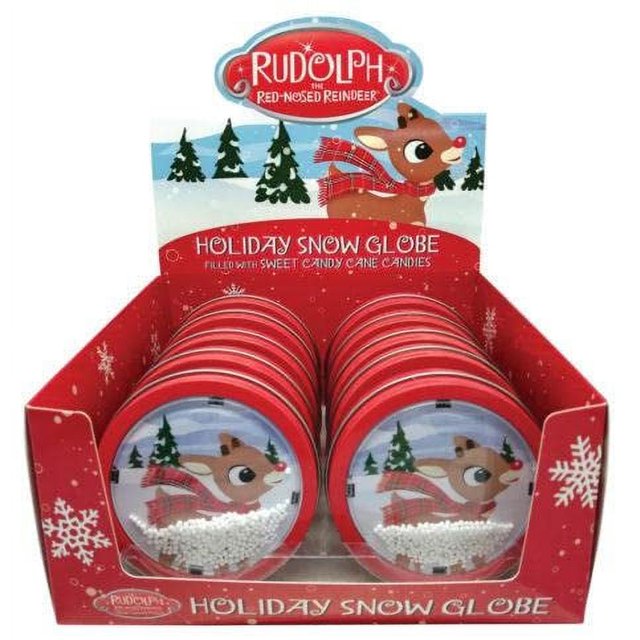 Rudolph the Red Nose Reindeer Holiday Snow Globe w/Candy Cane Candy, 1.5 Ounce Tin - 12 Count Display Box