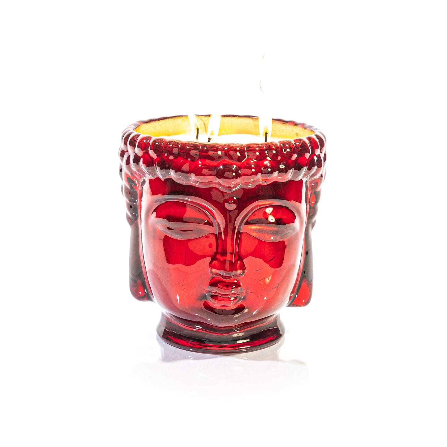 Elizabeth II Ruby Red Glass Buddha, 24K Gold, 3 Wick Scented Candle, 40 oz