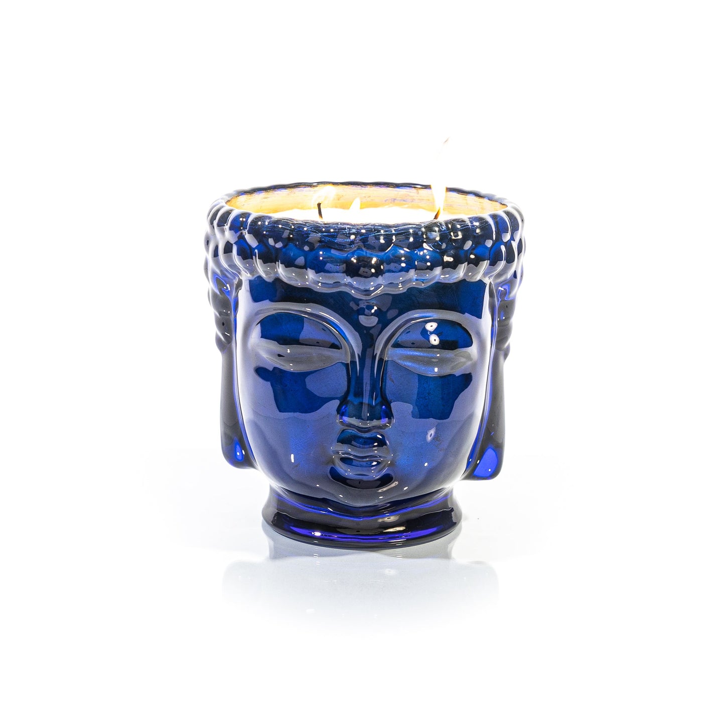 Caesonia Sapphire Blue Glass Buddha, 24K Gold, 3 Wick Scented Candle, 40 oz