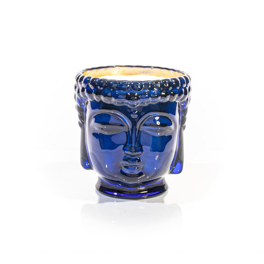 Caesonia Sapphire Blue Glass Buddha, 24K Gold, 3 Wick Scented Candle, 40 oz
