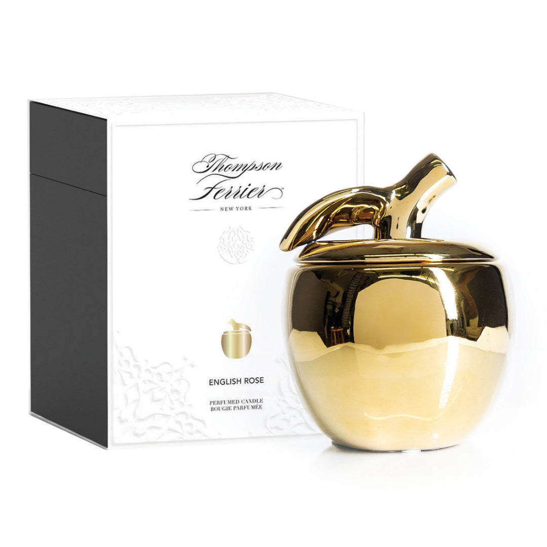 Metallic Gold Malus Apple Candle, English Rose Fragrance, 20 oz