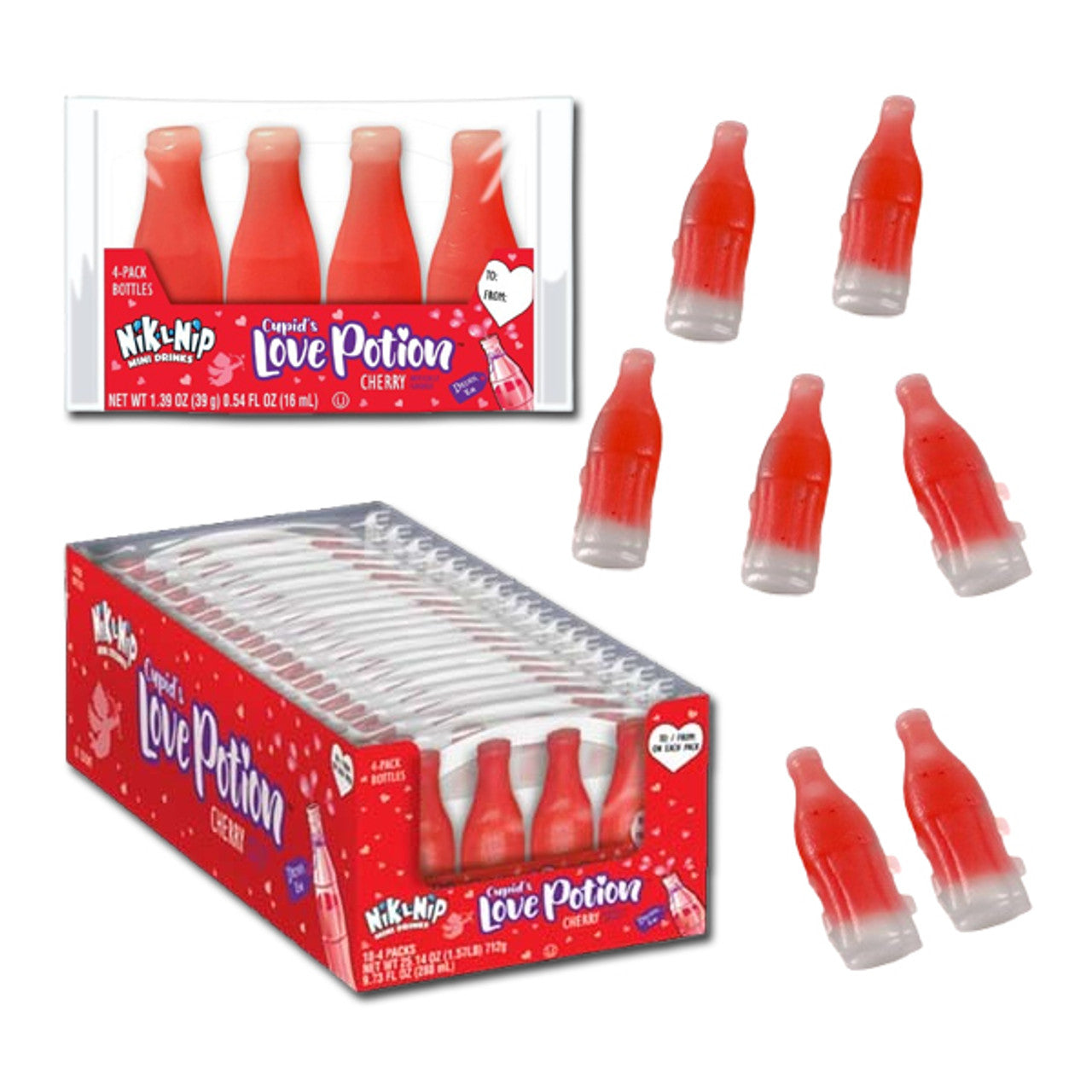 Nik L Nip Cupid's Love Potion Cherry Valentine Candy, 4 bottle 1.39 Ounce Pack - 18 Count Box