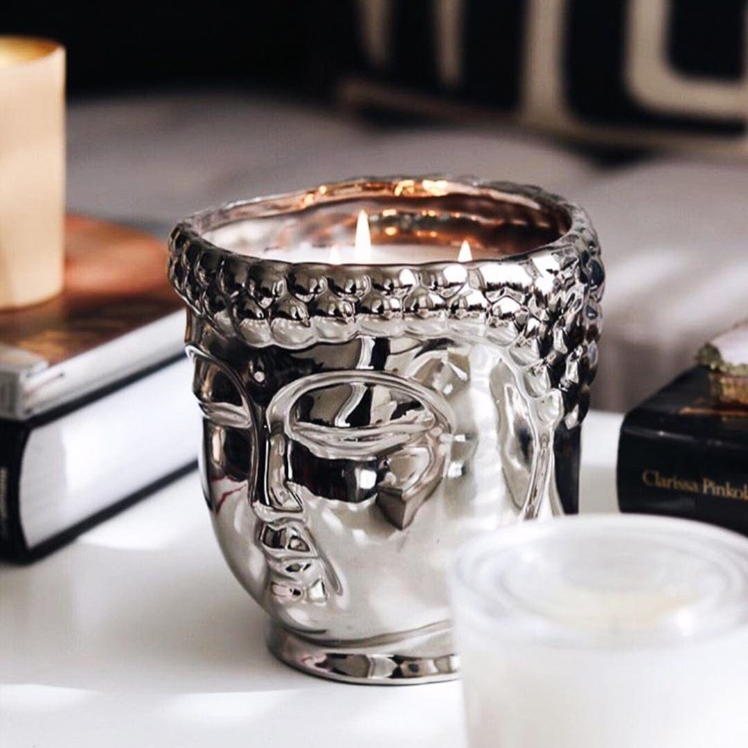 Metallic Silver Buddha Double Wick Candle, Cassis Pomegranate Fragrance, 40 oz