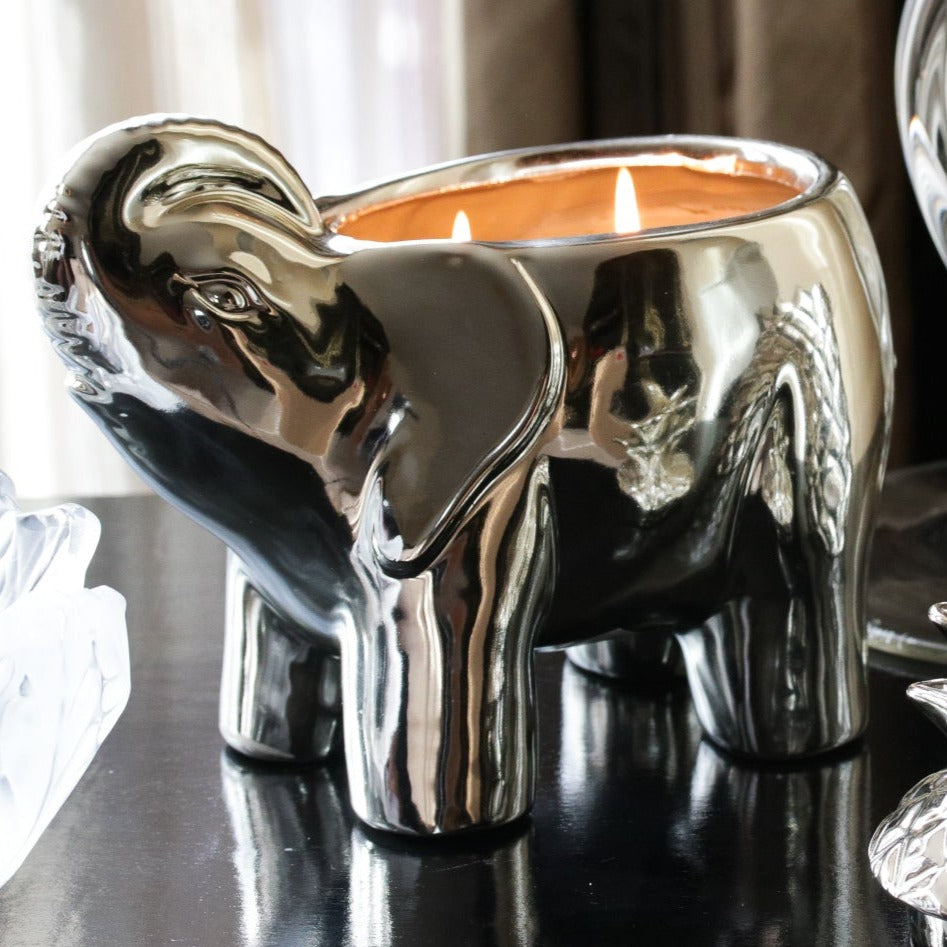 Metallic Silver Elephant Double Wick Candle, Midnight Orchid Fragrance, 28 oz