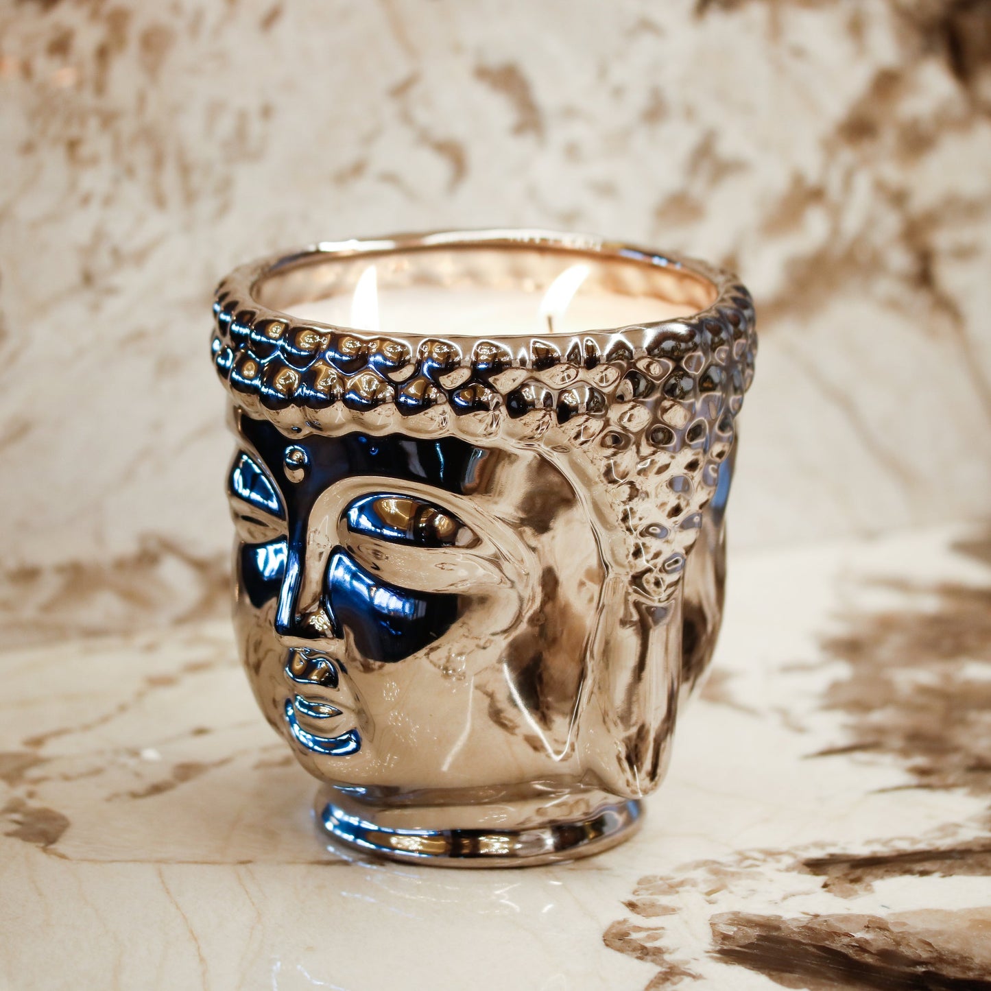 Metallic Silver Buddha Double Wick Candle, Cassis Pomegranate Fragrance, 40 oz