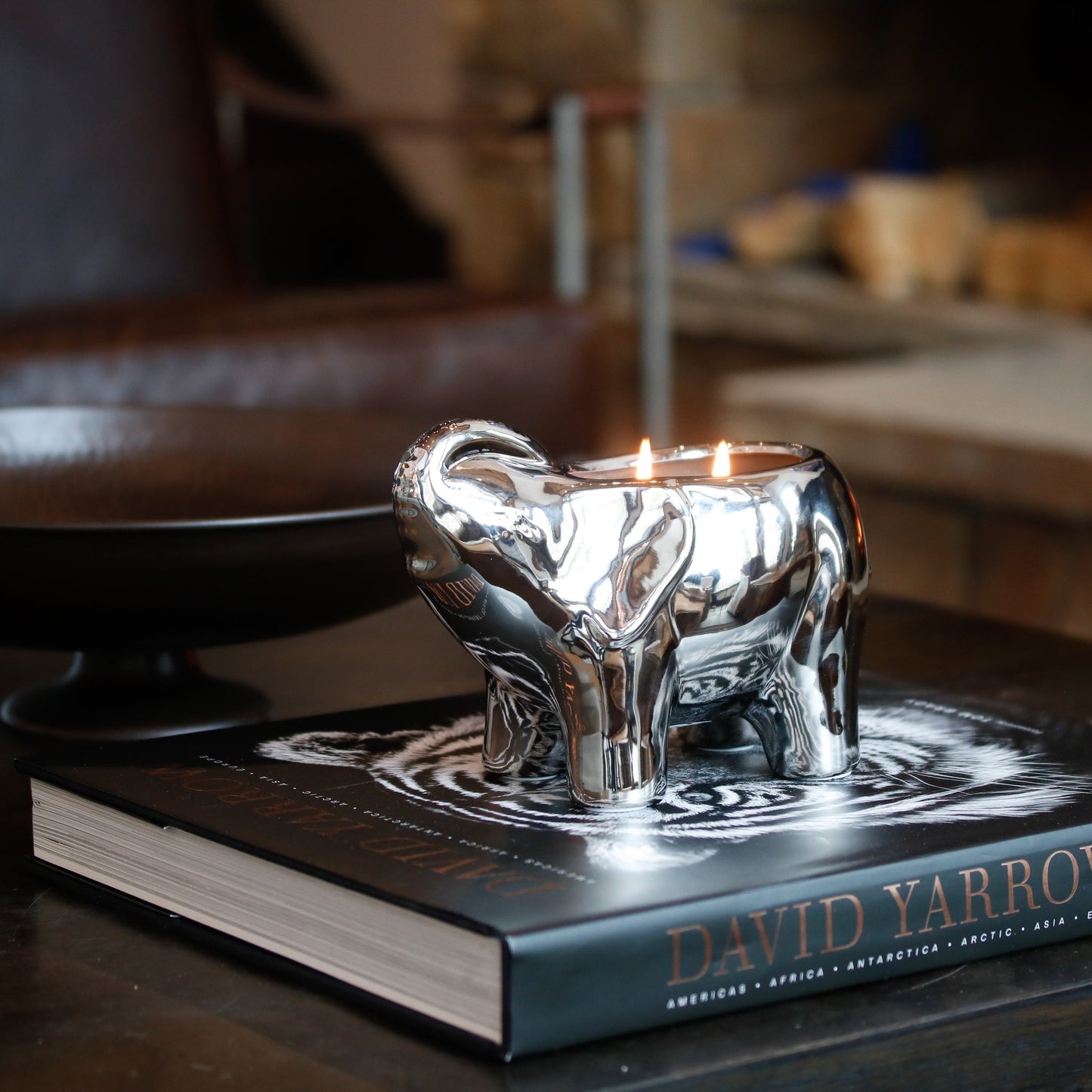 Metallic Silver Elephant Double Wick Candle, Midnight Orchid Fragrance, 28 oz