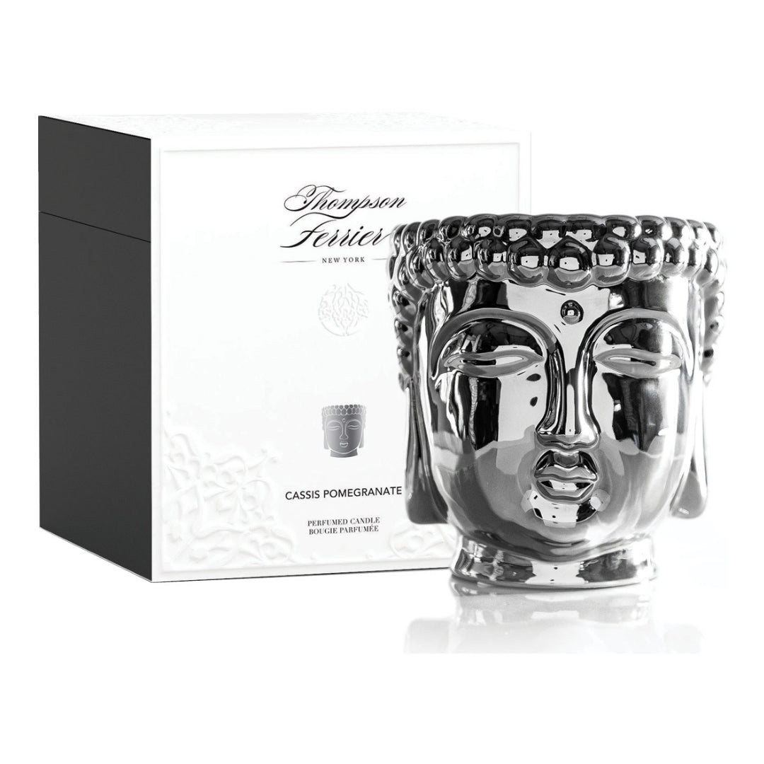Metallic Silver Buddha Double Wick Candle, Cassis Pomegranate Fragrance, 40 oz