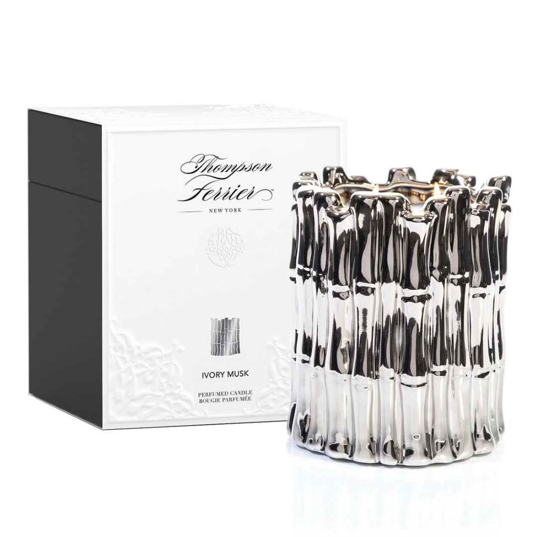 Metallic Silver Sagano Double Wick Candle, Ivory Musk Fragrance, 34 oz