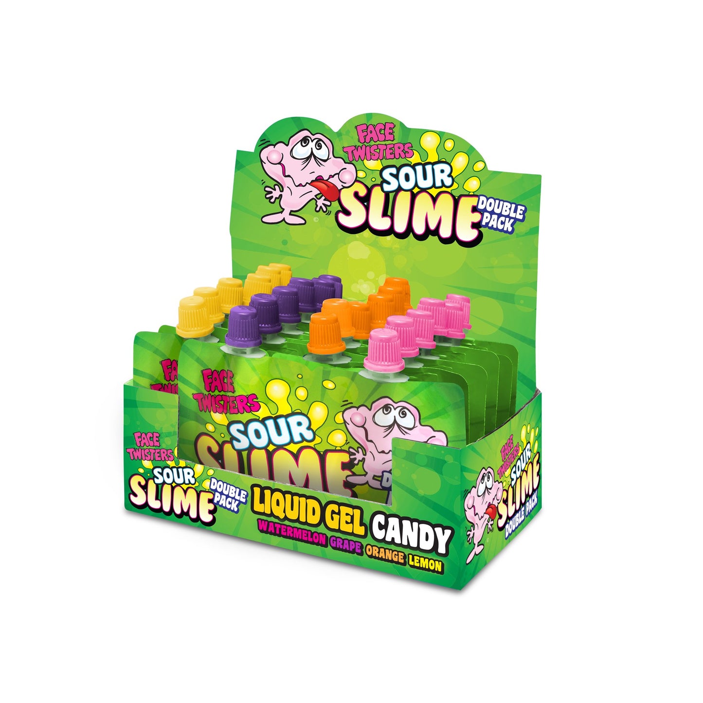 Face Twisters Sour Slime Double Pack Liquid Gel Candy, Watermelon, Grape, Orange & Lemon Flavors, 1.4 Ounce - 18 Count Display Box