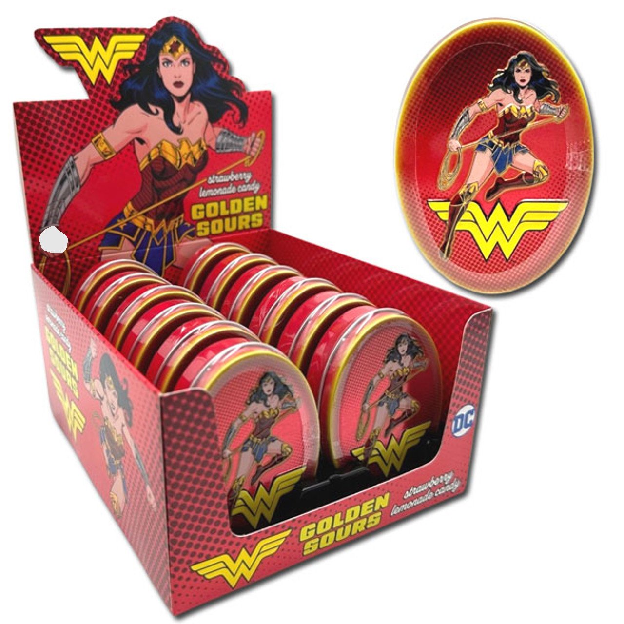 DC Comics Wonder Woman Golden Sours, 1.2 Ounce Tin of Sour strawberry Lemonade Flavored Logo Candy - 12 Count Display Box