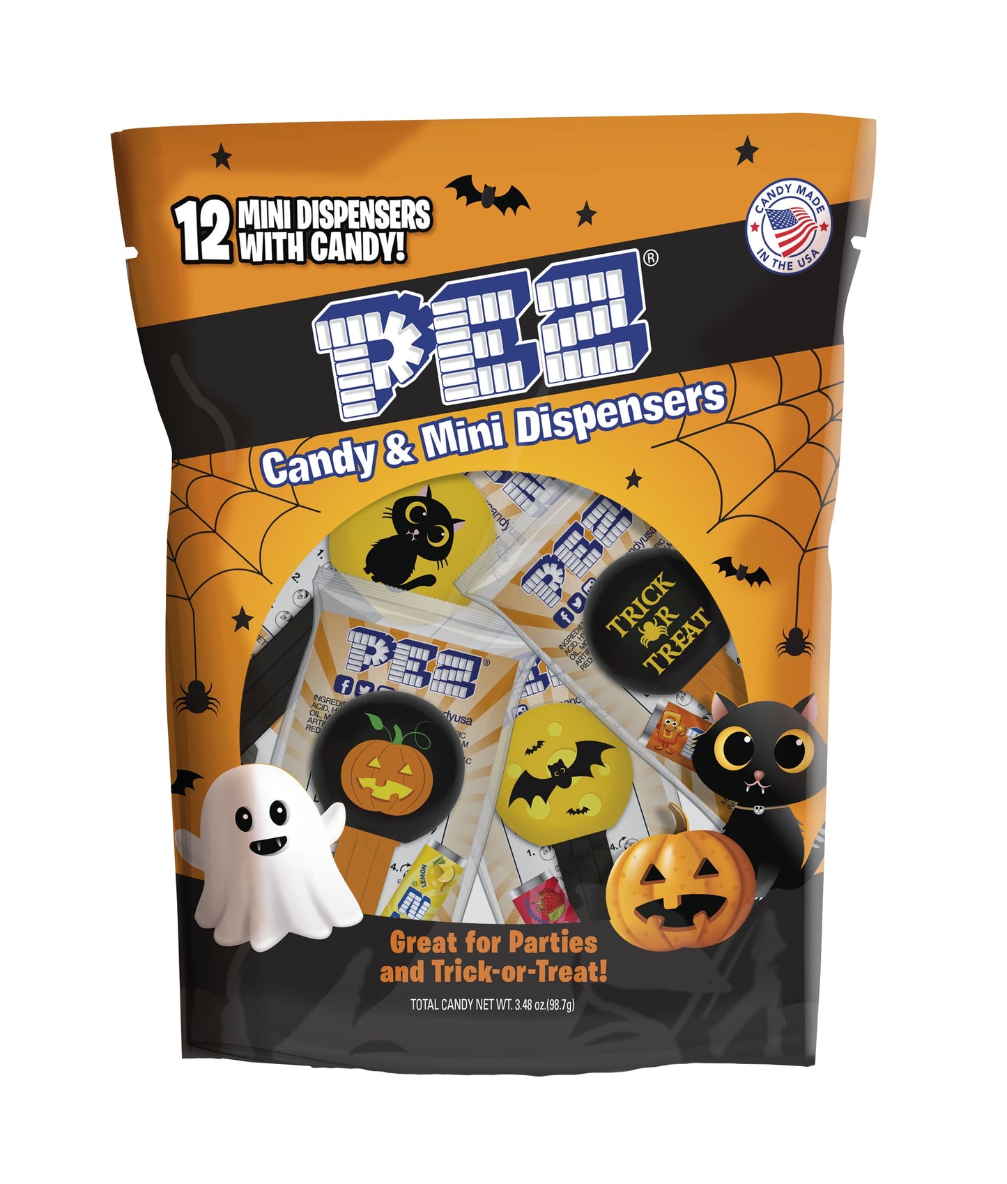 PEZ Candy Halloween Party Bag, 12 Individually Wrapped Candy Dispensers, Each with 1 Candy Refill, 1 Count, 3.48oz