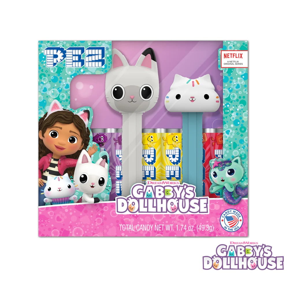 PEZ Candy DreamWorks Gabby's Dollhouse Twin Pack with 2 Candy Dispensers + 6 Rolls of Assorted Fruit Candy