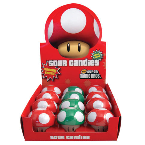 Nintendo Super Mario Bros. Mushroom Sours. 0.9 Ounce Sour Cherry and Green Apple candies Tin - 12 Count Display Box