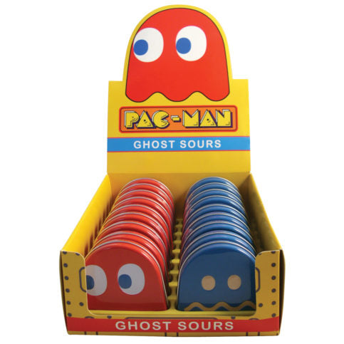 Pac-Man Ghost Sours Candy, Red Tin with Cherry Flavored Candy and Blue Tin with Blueberry Flavored Candy - 18 Count Display Box