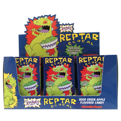 Nickelodeon Rugrats Reptar Cereal, Green Apple Flavored Candy, 1.2 Ounce Tin - 12 Count Display Box