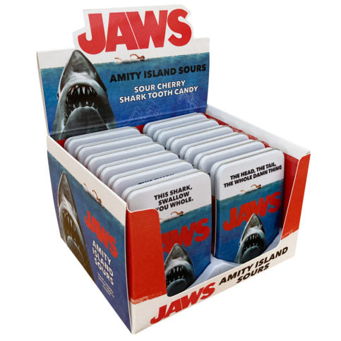 Jaws Amity Island Cherry Sour Candy, 1.2 Ounce Tin - 12 Count Display Box